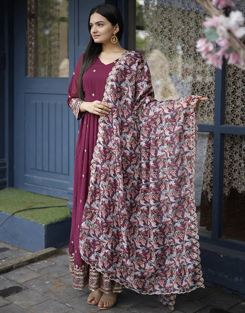 Designer Party Wear Heavy Readymade Gown With Dupatta Collection Purple Faux Blooming Georgette Gown Close-up View